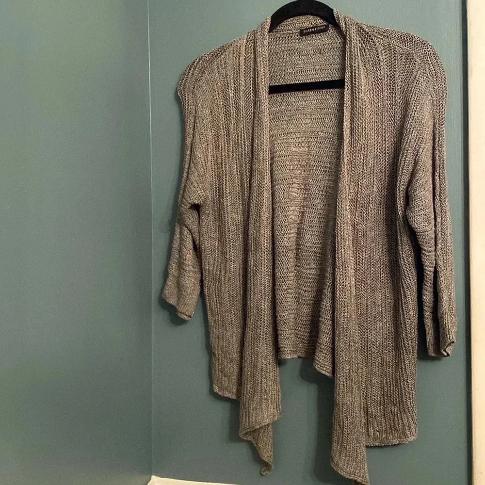Eileen Fisher women’s open cardigan - gray - 3/4 sleeve - silk/linen blend